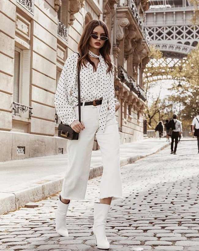 Chemise à pois blanche avec pantalon large blanc