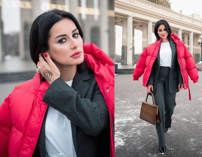 Tina Kandelaki dans une doudoune lumineuse