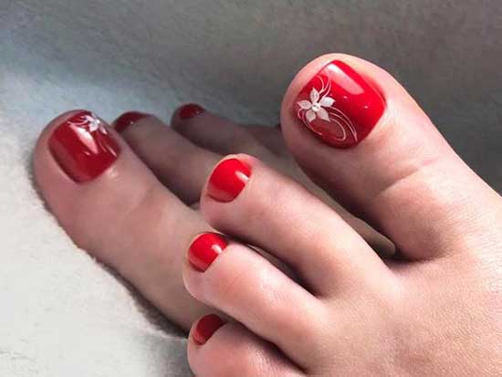Une fleur soignée sur fond rouge dans une pédicure