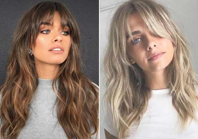 Longues coupes de cheveux en cascade avec une frange