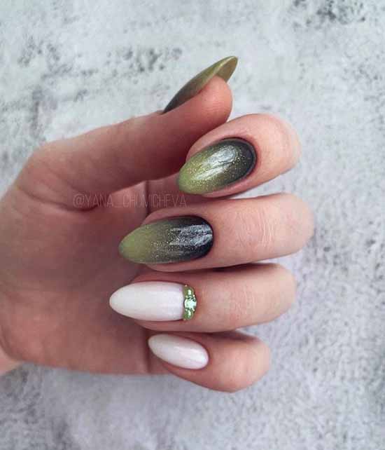Manucure pailletée olive foncé